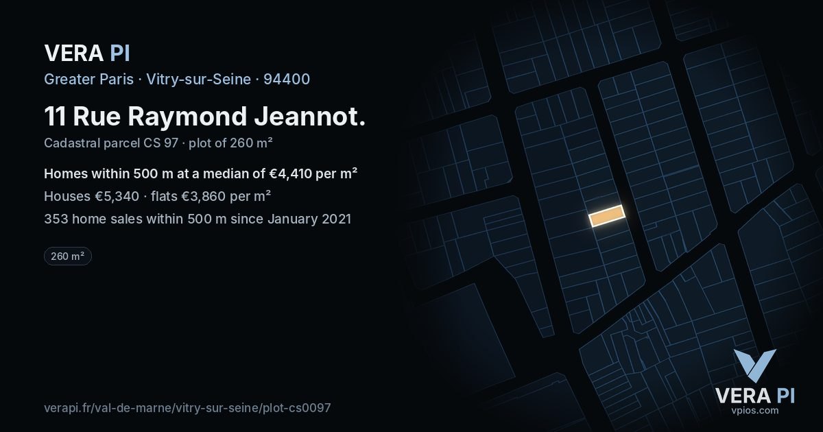 11 Rue Raymond Jeannot, Vitry-sur-Seine at night – the plot lit, the parcels around coloured by the prices near them