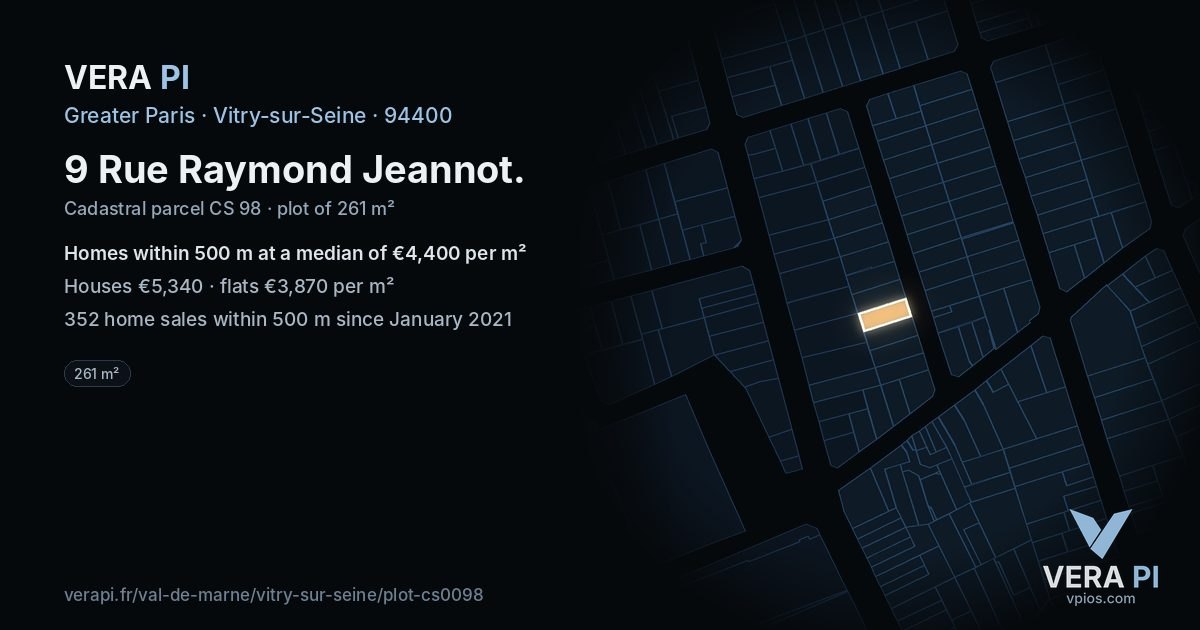 9 Rue Raymond Jeannot, Vitry-sur-Seine at night – the plot lit, the parcels around coloured by the prices near them