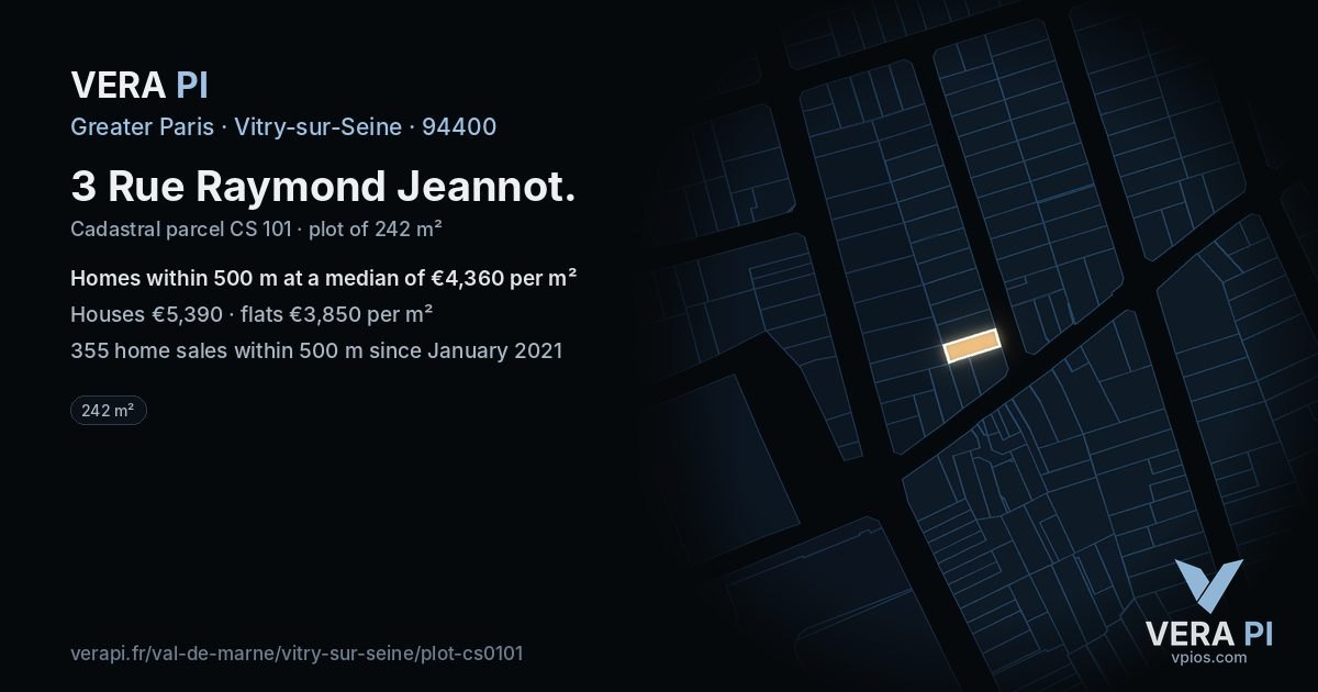 3 Rue Raymond Jeannot, Vitry-sur-Seine at night – the plot lit, the parcels around coloured by the prices near them