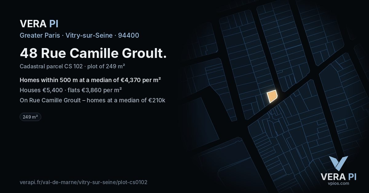 48 Rue Camille Groult, Vitry-sur-Seine at night – the plot lit, the parcels around coloured by the prices near them