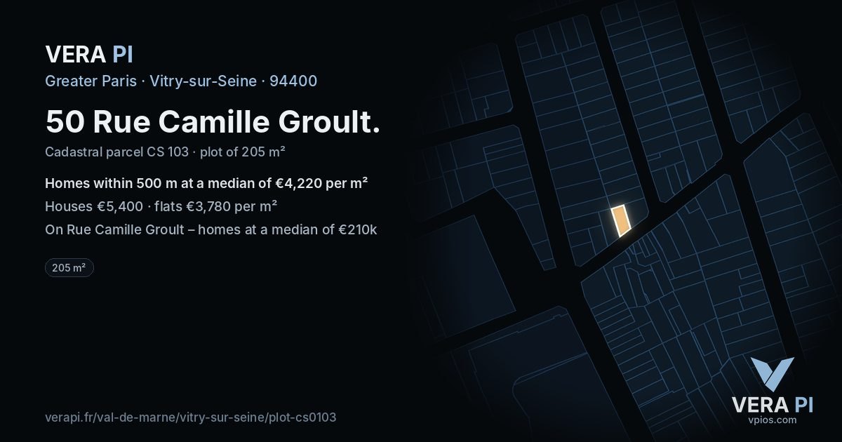 50 Rue Camille Groult, Vitry-sur-Seine at night – the plot lit, the parcels around coloured by the prices near them