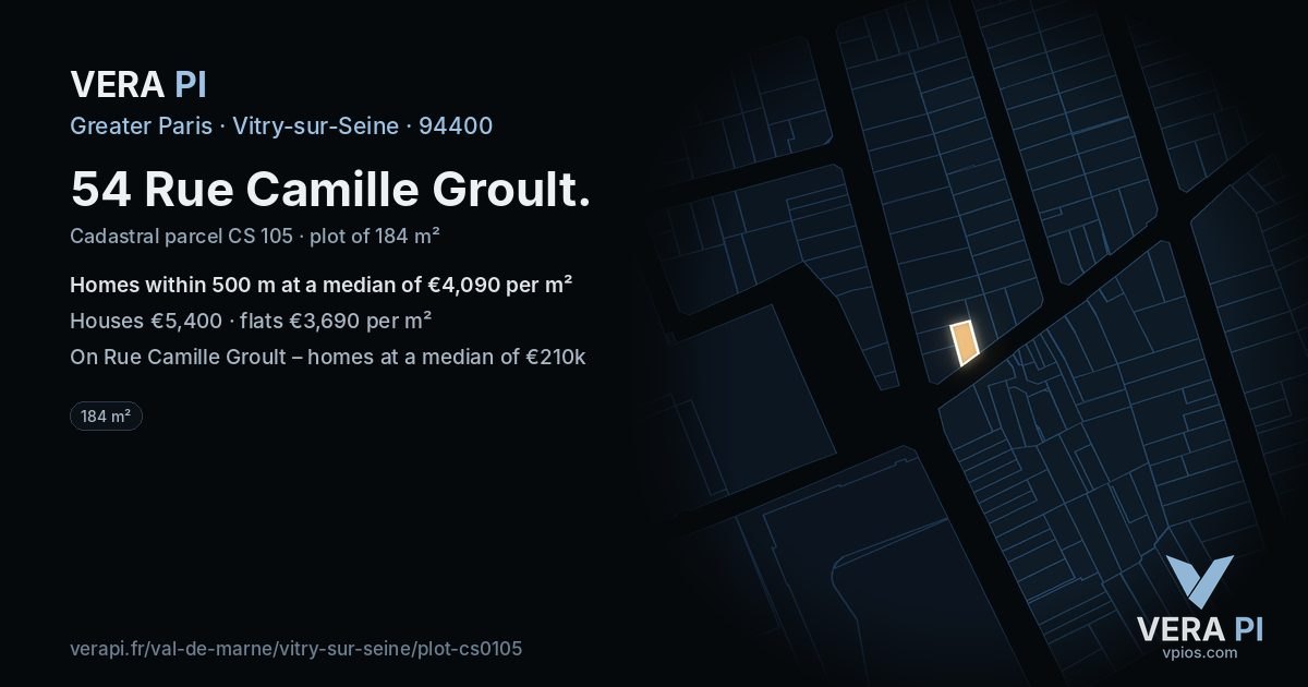 54 Rue Camille Groult, Vitry-sur-Seine at night – the plot lit, the parcels around coloured by the prices near them