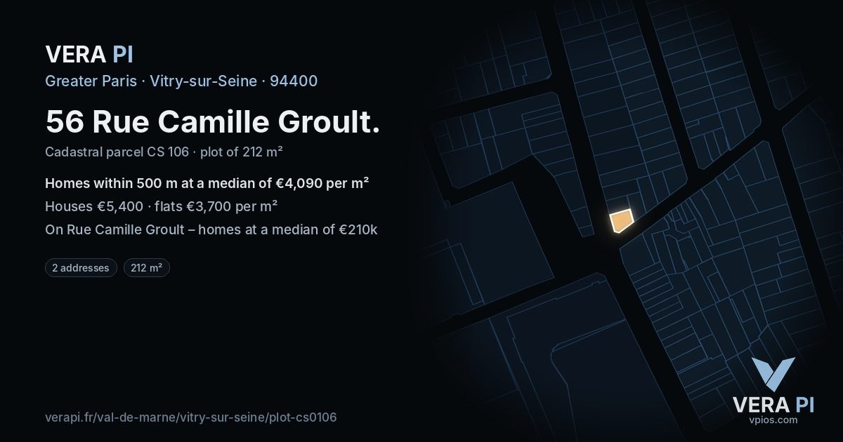 56 Rue Camille Groult, Vitry-sur-Seine at night – the plot lit, the parcels around coloured by the prices near them