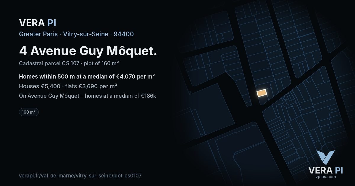 4 Avenue Guy Môquet, Vitry-sur-Seine at night – the plot lit, the parcels around coloured by the prices near them