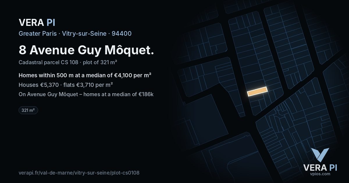 8 Avenue Guy Môquet, Vitry-sur-Seine at night – the plot lit, the parcels around coloured by the prices near them