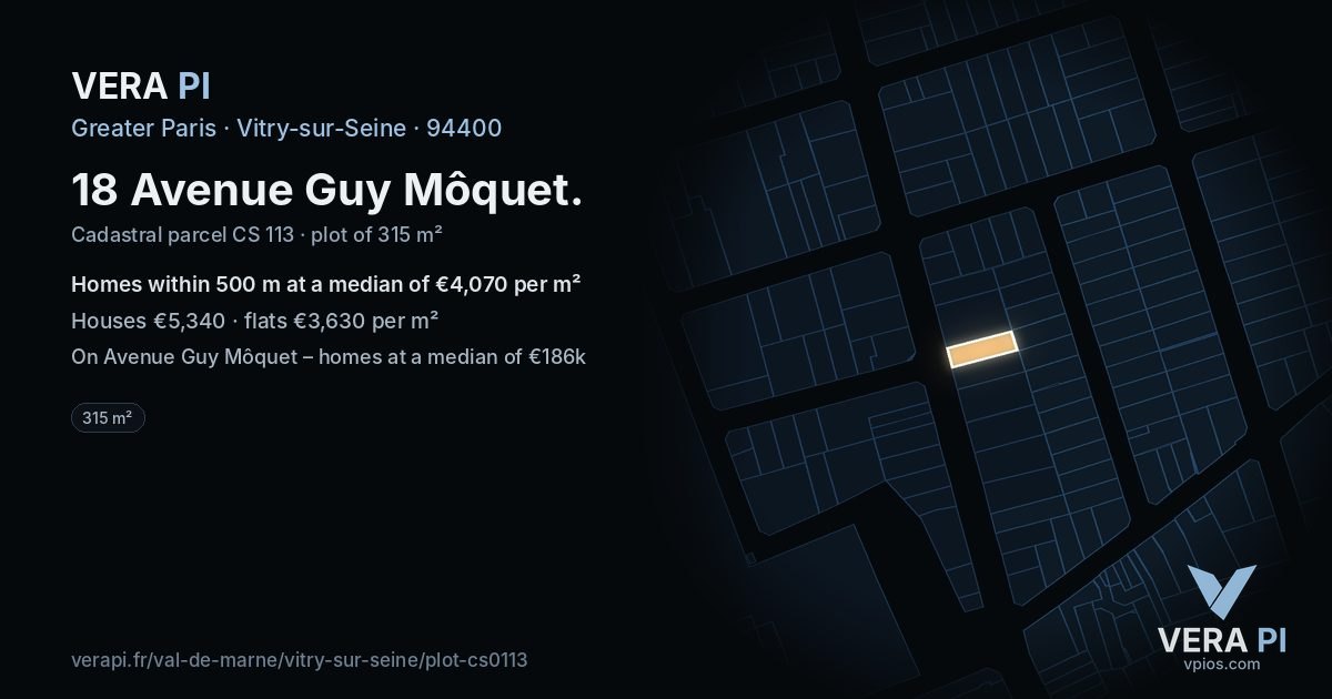 18 Avenue Guy Môquet, Vitry-sur-Seine at night – the plot lit, the parcels around coloured by the prices near them