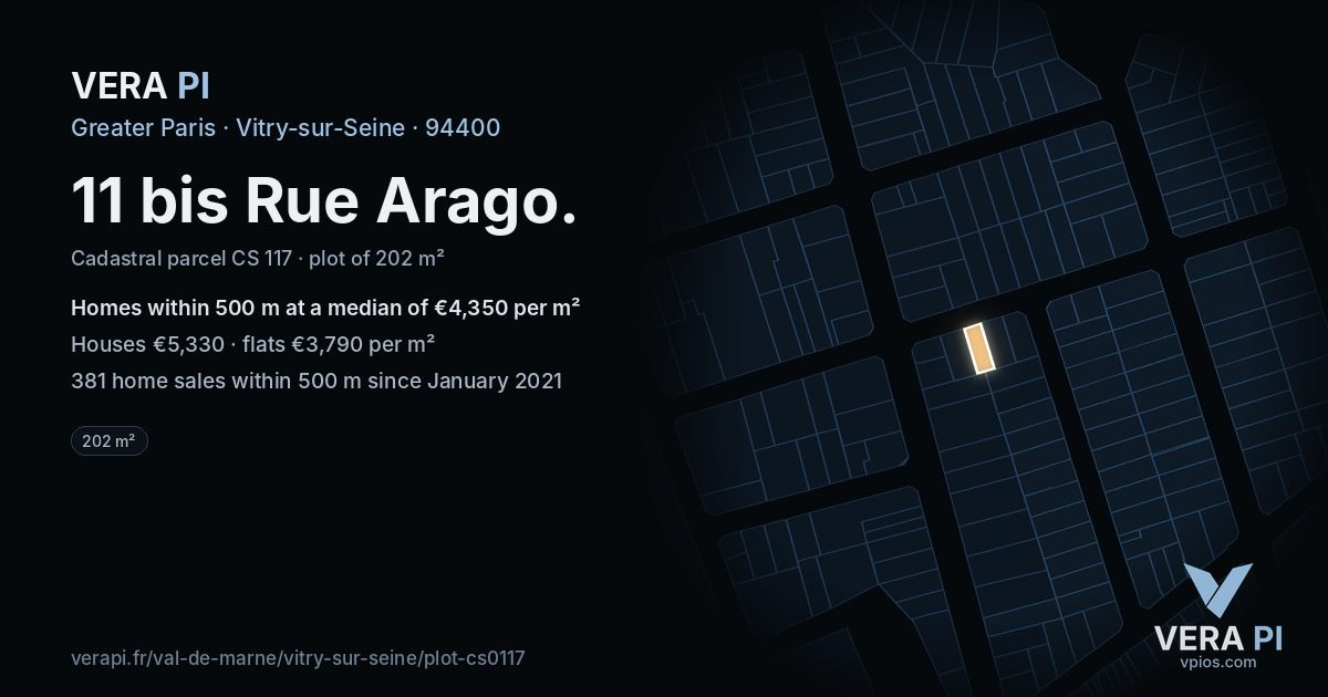 11 bis Rue Arago, Vitry-sur-Seine at night – the plot lit, the parcels around coloured by the prices near them