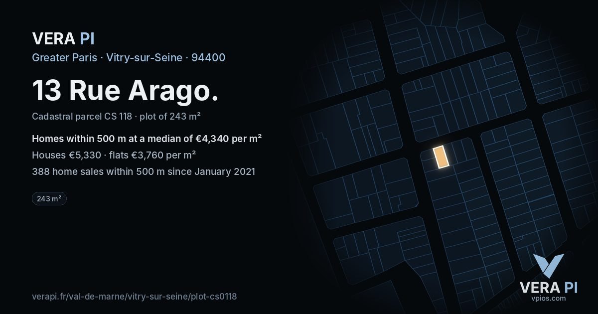 13 Rue Arago, Vitry-sur-Seine at night – the plot lit, the parcels around coloured by the prices near them