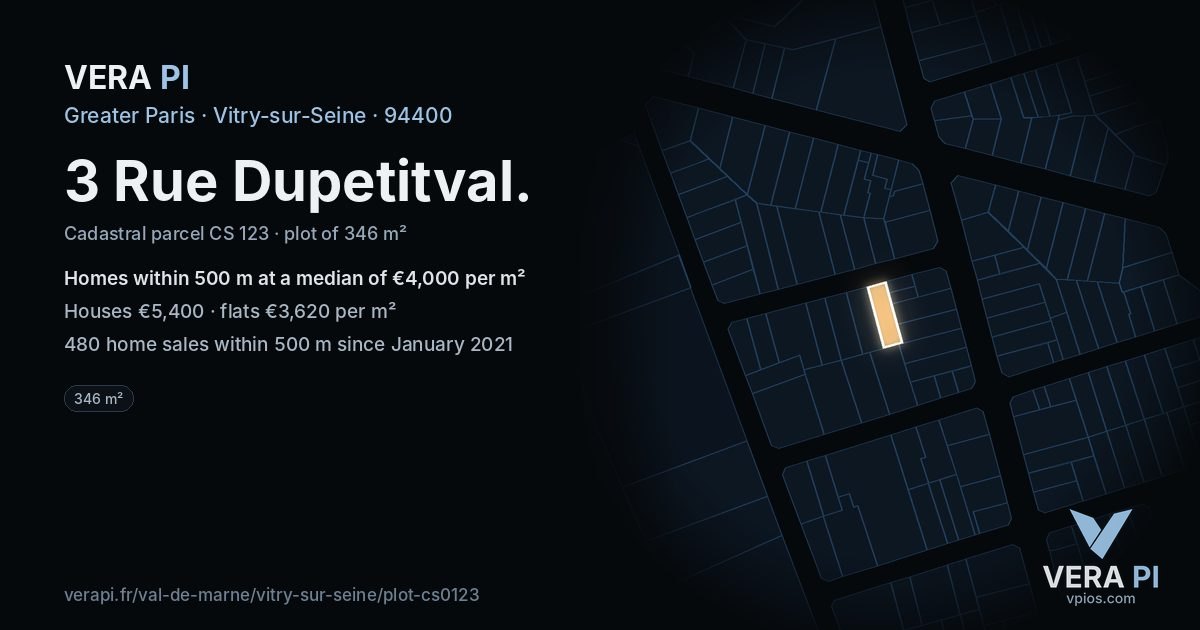 3 Rue Dupetitval, Vitry-sur-Seine at night – the plot lit, the parcels around coloured by the prices near them