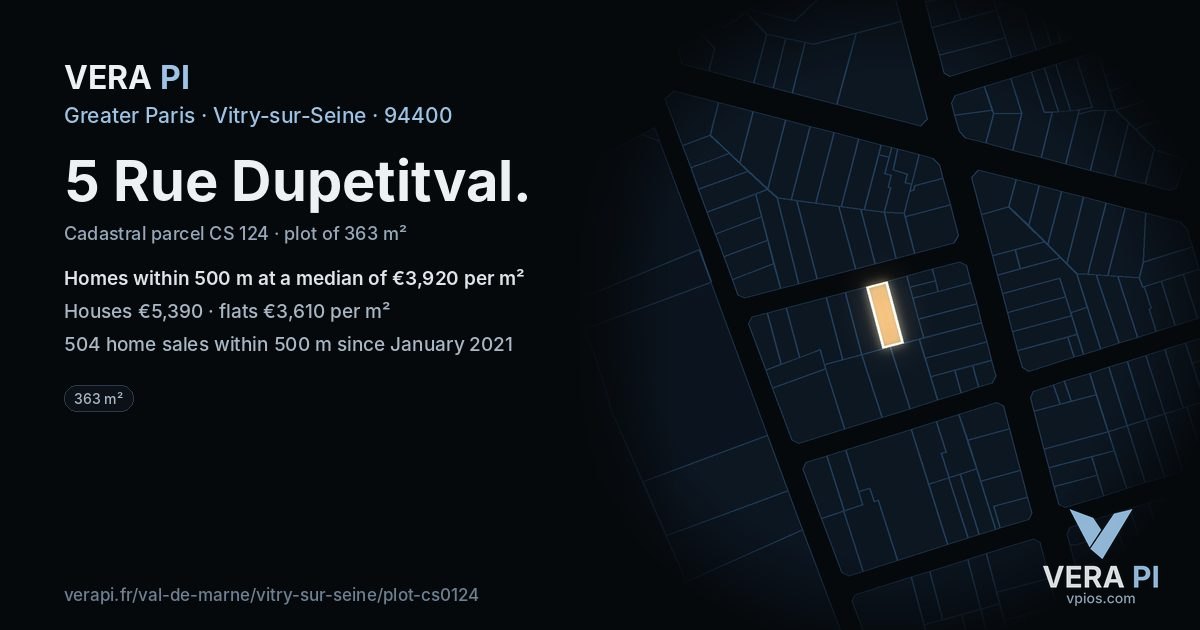 5 Rue Dupetitval, Vitry-sur-Seine at night – the plot lit, the parcels around coloured by the prices near them