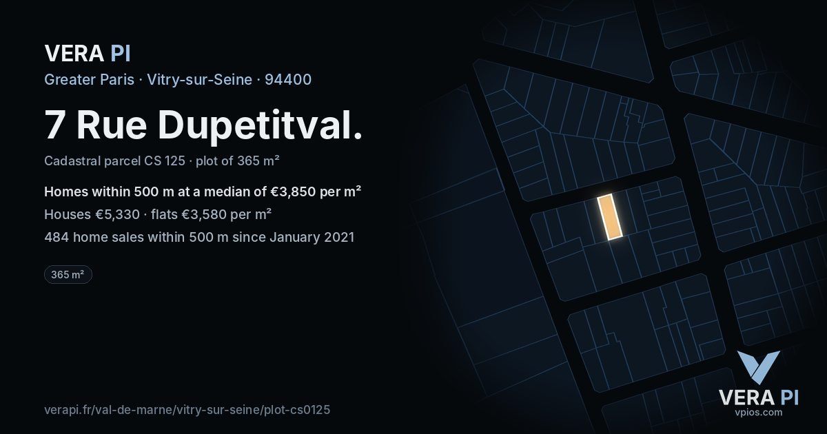 7 Rue Dupetitval, Vitry-sur-Seine at night – the plot lit, the parcels around coloured by the prices near them