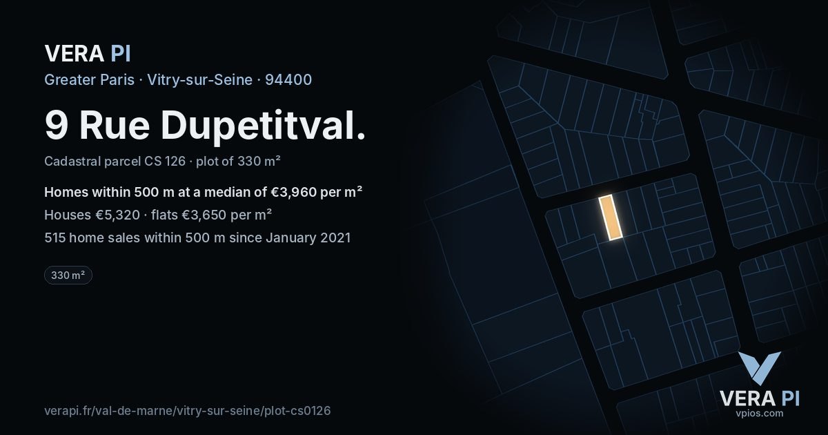 9 Rue Dupetitval, Vitry-sur-Seine at night – the plot lit, the parcels around coloured by the prices near them