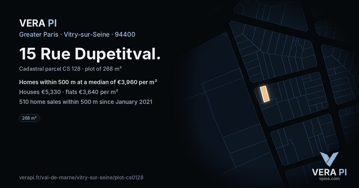 15 Rue Dupetitval, Vitry-sur-Seine at night – the plot lit, the parcels around coloured by the prices near them