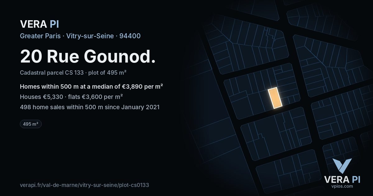 20 Rue Gounod, Vitry-sur-Seine at night – the plot lit, the parcels around coloured by the prices near them