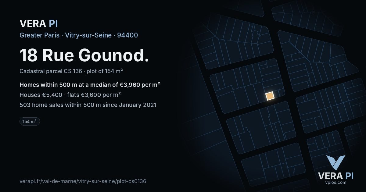 18 Rue Gounod, Vitry-sur-Seine at night – the plot lit, the parcels around coloured by the prices near them