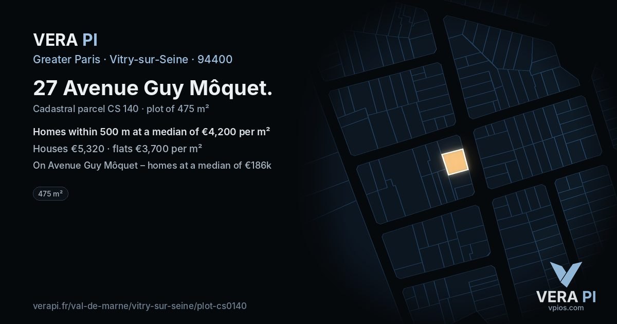27 Avenue Guy Môquet, Vitry-sur-Seine at night – the plot lit, the parcels around coloured by the prices near them