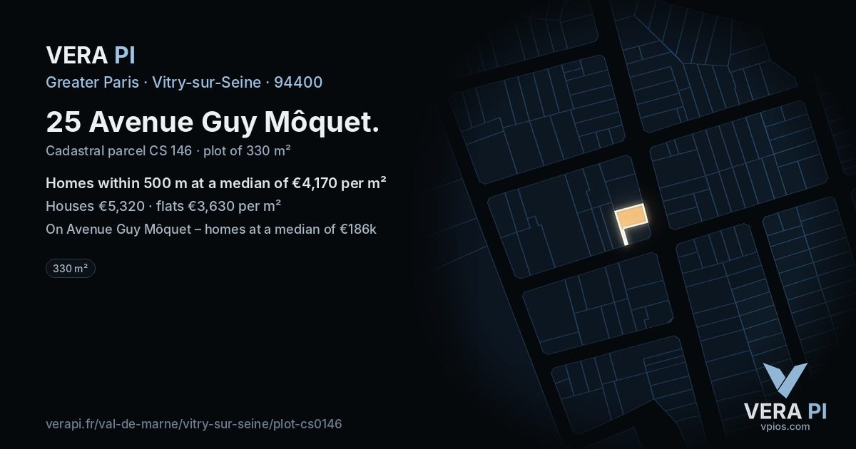 25 Avenue Guy Môquet, Vitry-sur-Seine at night – the plot lit, the parcels around coloured by the prices near them