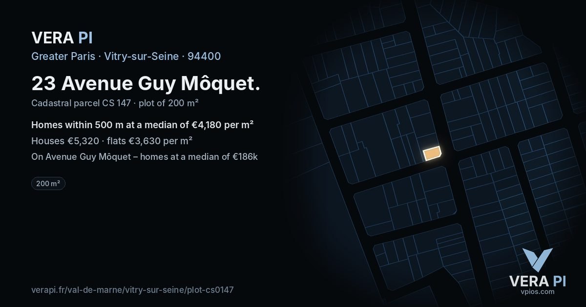 23 Avenue Guy Môquet, Vitry-sur-Seine at night – the plot lit, the parcels around coloured by the prices near them