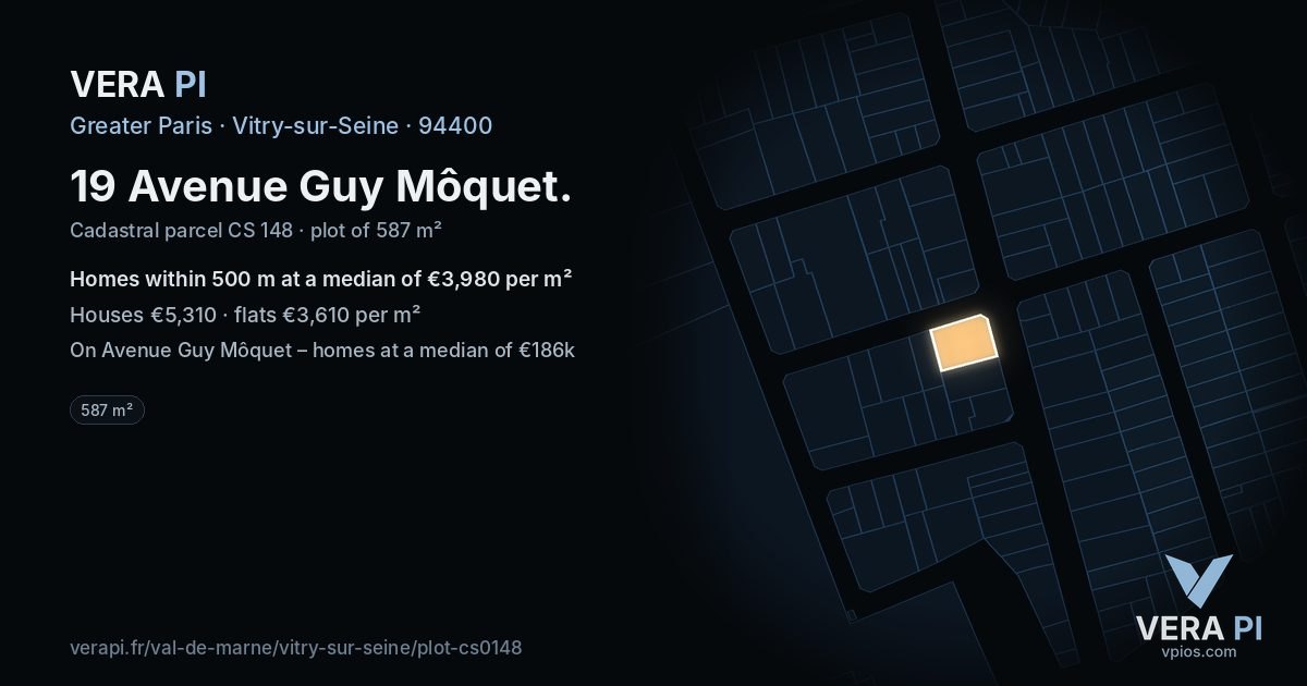 19 Avenue Guy Môquet, Vitry-sur-Seine at night – the plot lit, the parcels around coloured by the prices near them