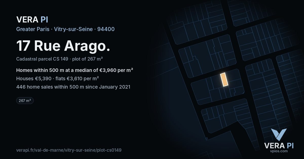 17 Rue Arago, Vitry-sur-Seine at night – the plot lit, the parcels around coloured by the prices near them