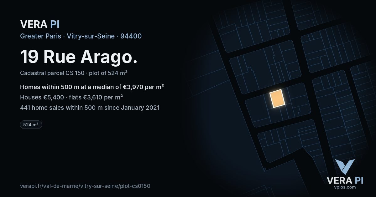 19 Rue Arago, Vitry-sur-Seine at night – the plot lit, the parcels around coloured by the prices near them
