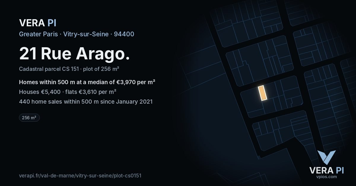 21 Rue Arago, Vitry-sur-Seine at night – the plot lit, the parcels around coloured by the prices near them