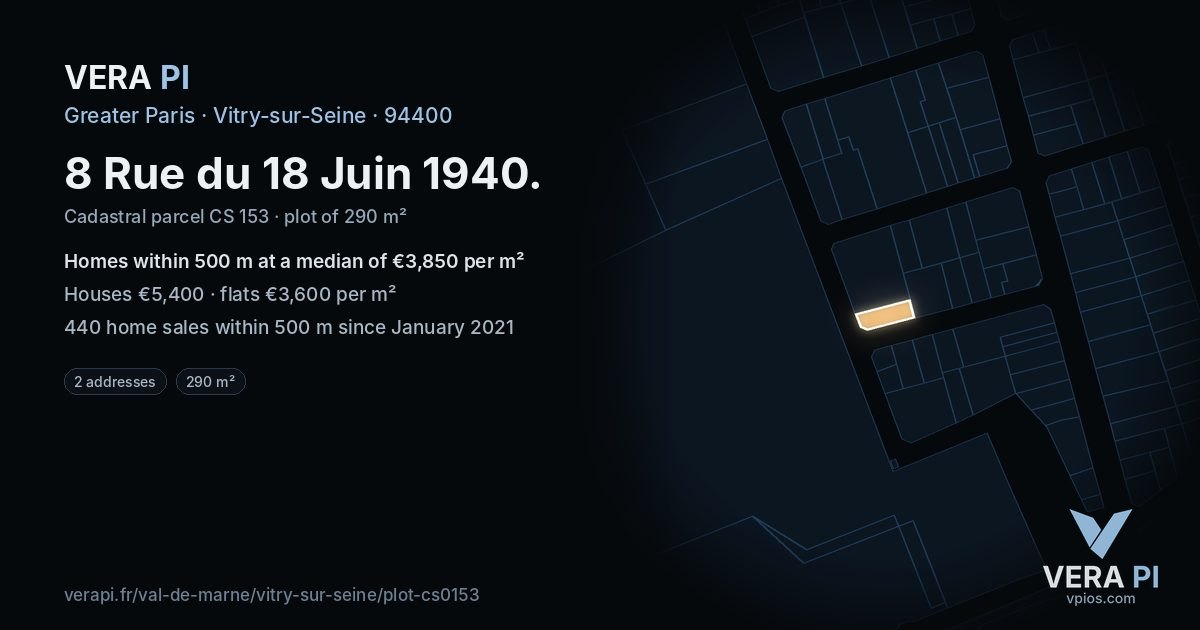 8 Rue du 18 Juin 1940, Vitry-sur-Seine at night – the plot lit, the parcels around coloured by the prices near them