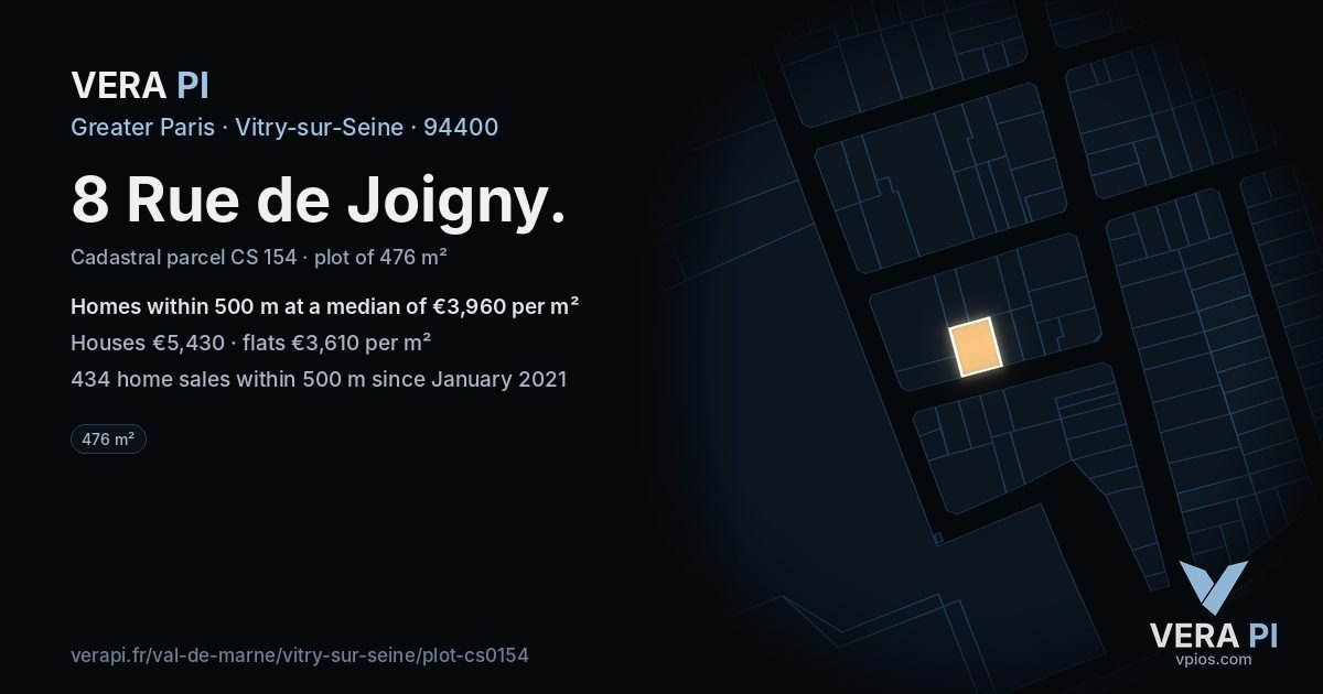 8 Rue de Joigny, Vitry-sur-Seine at night – the plot lit, the parcels around coloured by the prices near them