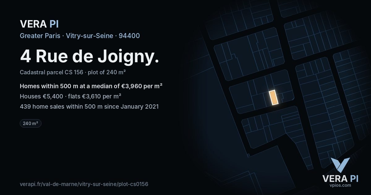4 Rue de Joigny, Vitry-sur-Seine at night – the plot lit, the parcels around coloured by the prices near them