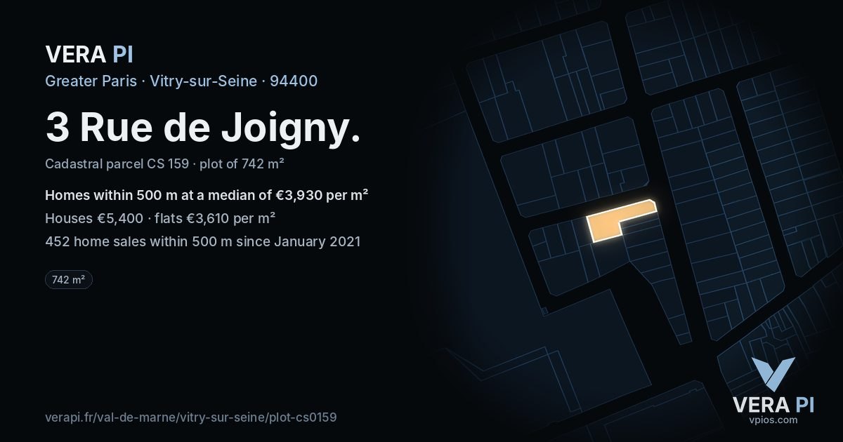 3 Rue de Joigny, Vitry-sur-Seine at night – the plot lit, the parcels around coloured by the prices near them