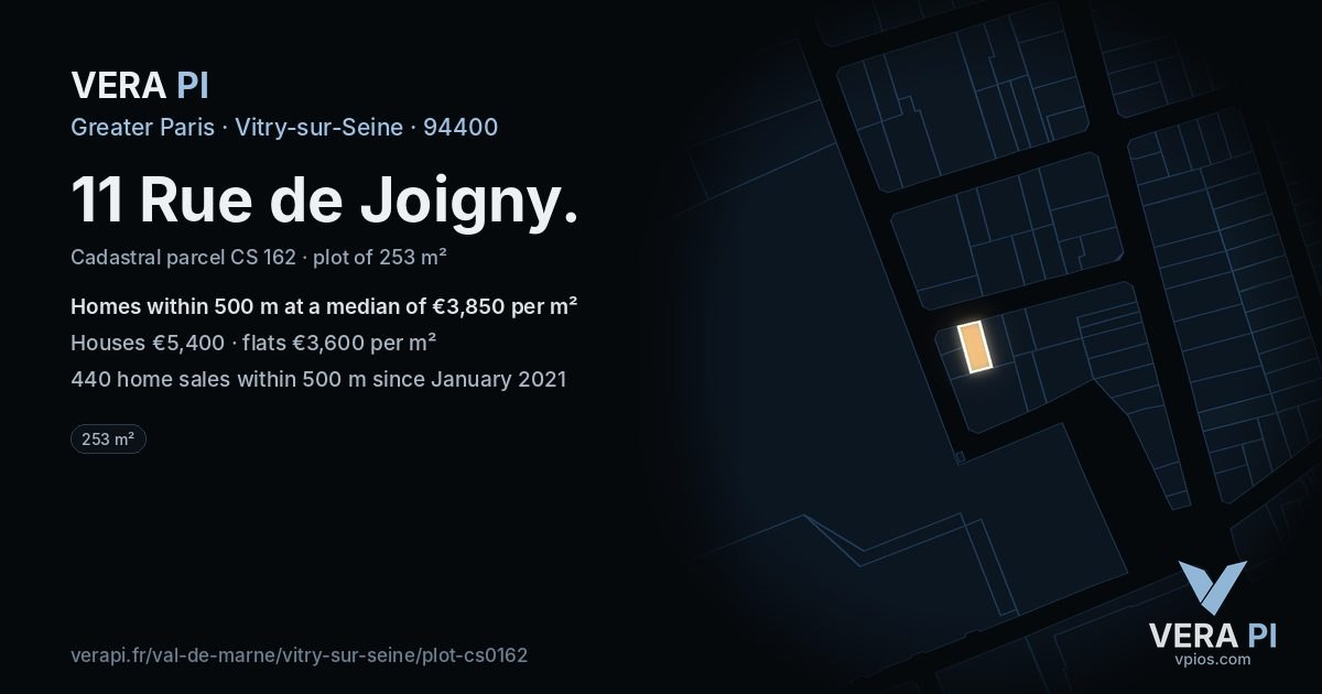 11 Rue de Joigny, Vitry-sur-Seine at night – the plot lit, the parcels around coloured by the prices near them