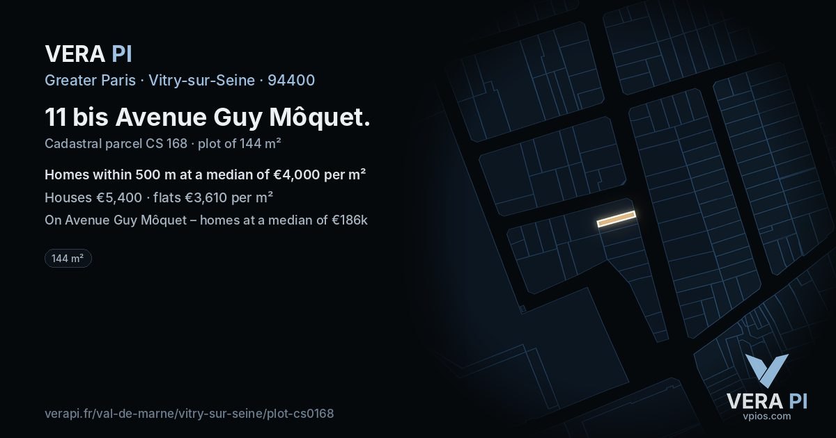 11 bis Avenue Guy Môquet, Vitry-sur-Seine at night – the plot lit, the parcels around coloured by the prices near them
