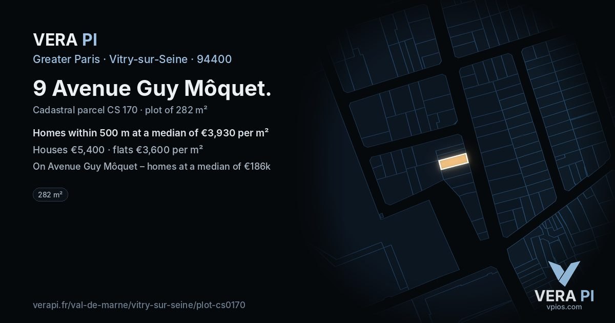 9 Avenue Guy Môquet, Vitry-sur-Seine at night – the plot lit, the parcels around coloured by the prices near them