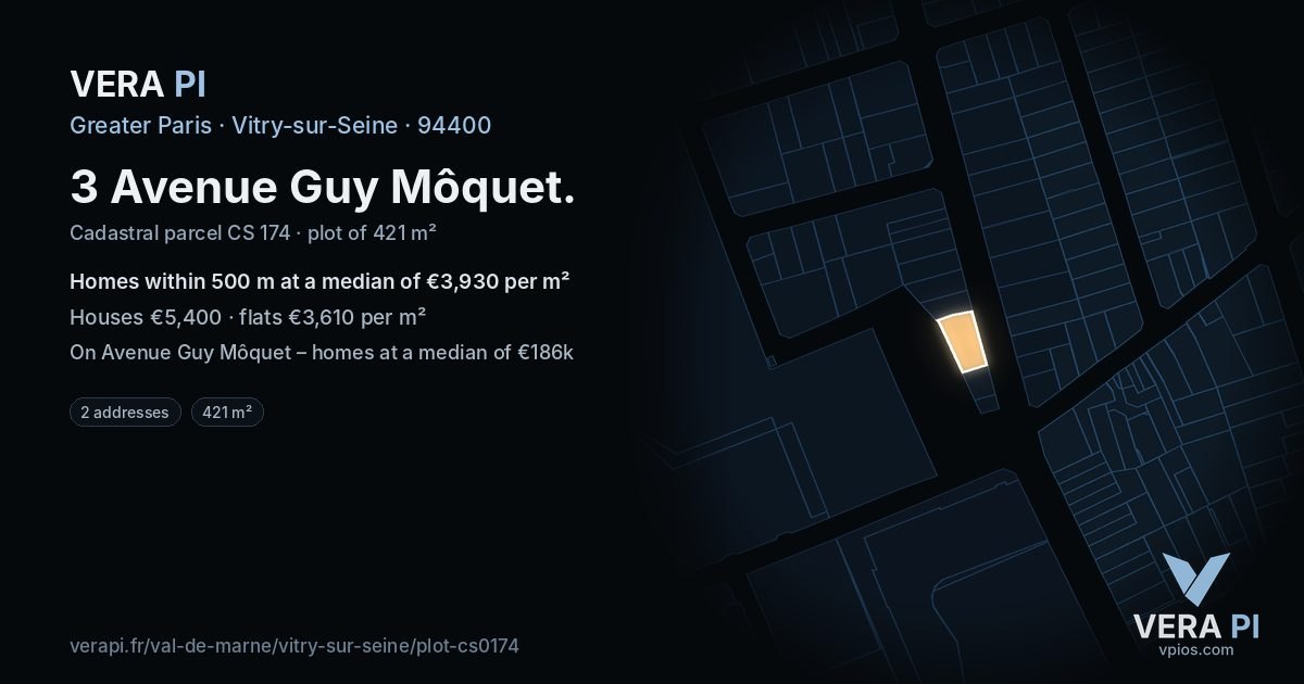 3 Avenue Guy Môquet, Vitry-sur-Seine at night – the plot lit, the parcels around coloured by the prices near them