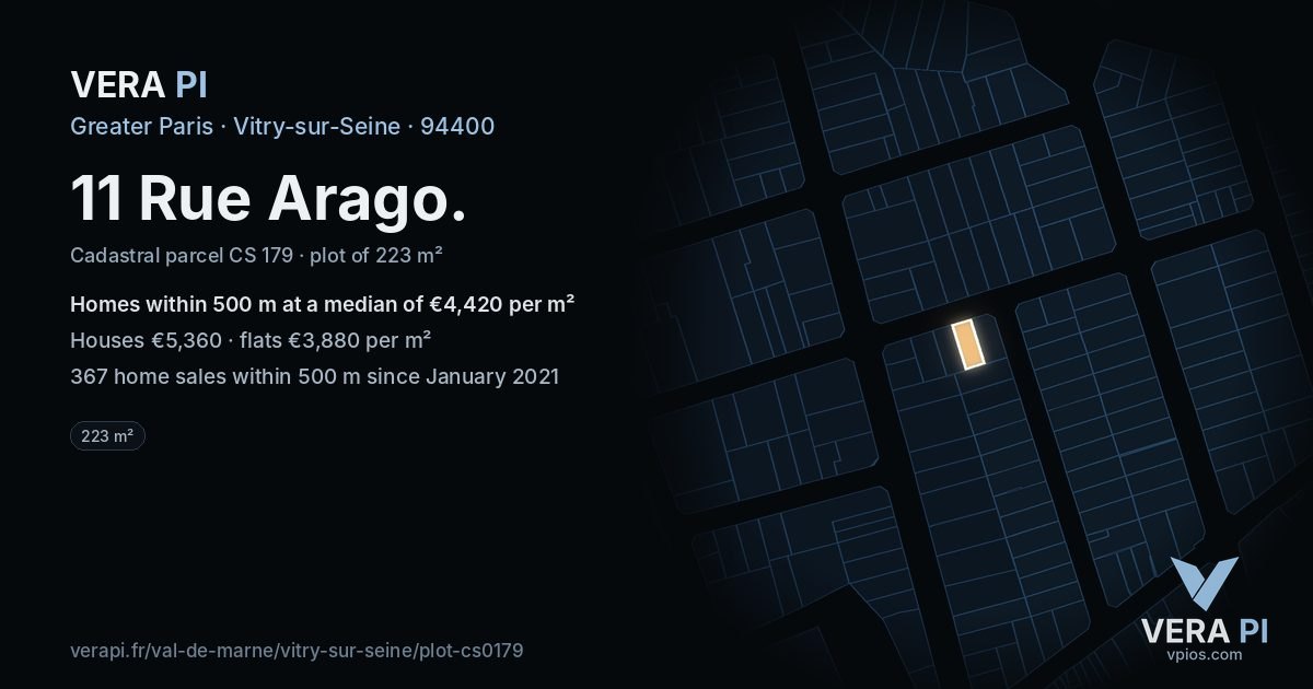 11 Rue Arago, Vitry-sur-Seine at night – the plot lit, the parcels around coloured by the prices near them