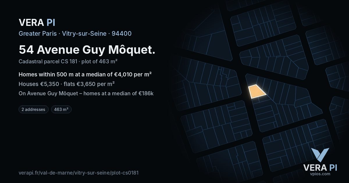 54 Avenue Guy Môquet, Vitry-sur-Seine at night – the plot lit, the parcels around coloured by the prices near them