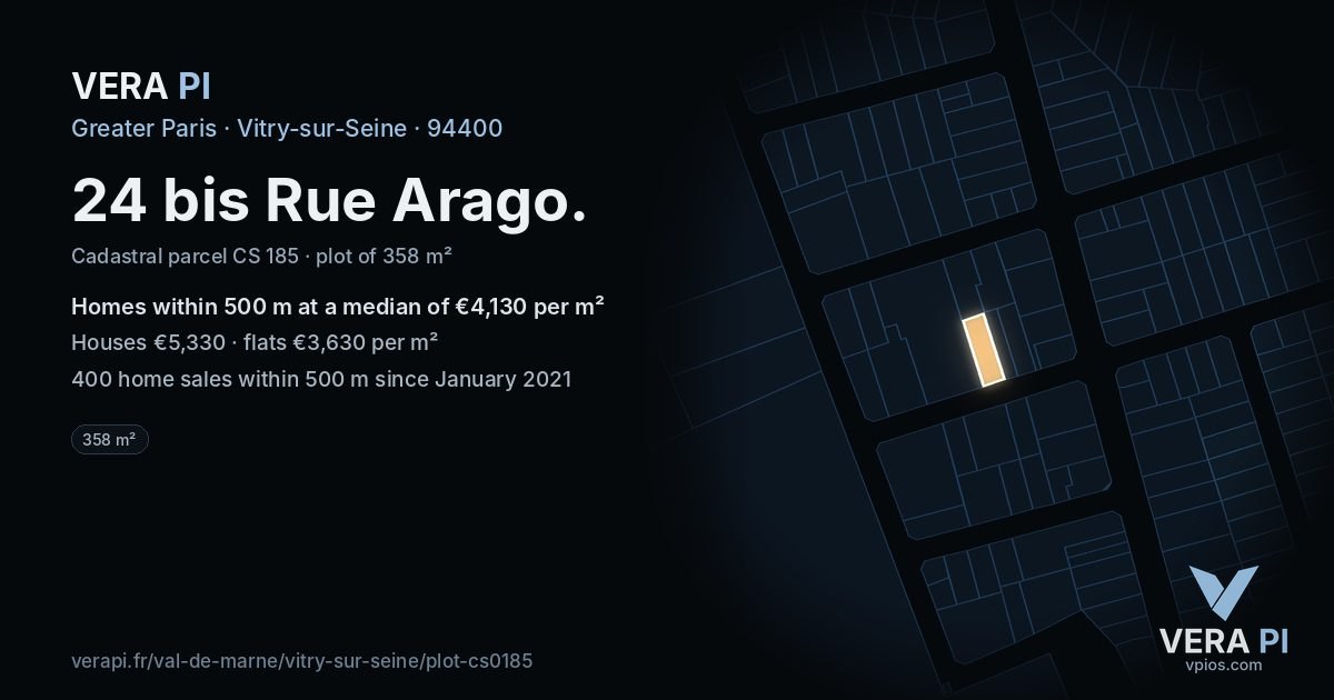 24 bis Rue Arago, Vitry-sur-Seine at night – the plot lit, the parcels around coloured by the prices near them