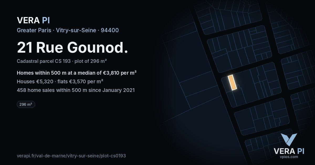 21 Rue Gounod, Vitry-sur-Seine at night – the plot lit, the parcels around coloured by the prices near them