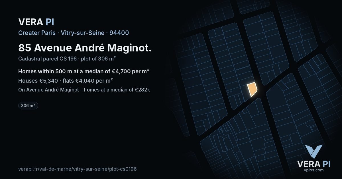 85 Avenue André Maginot, Vitry-sur-Seine at night – the plot lit, the parcels around coloured by the prices near them