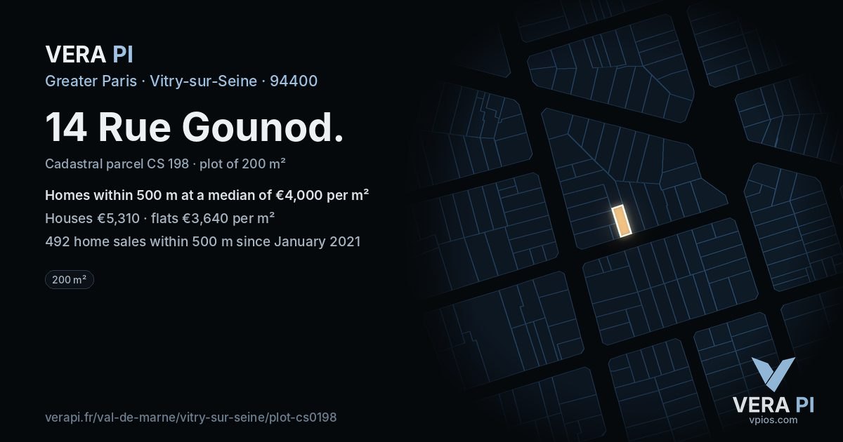 14 Rue Gounod, Vitry-sur-Seine at night – the plot lit, the parcels around coloured by the prices near them