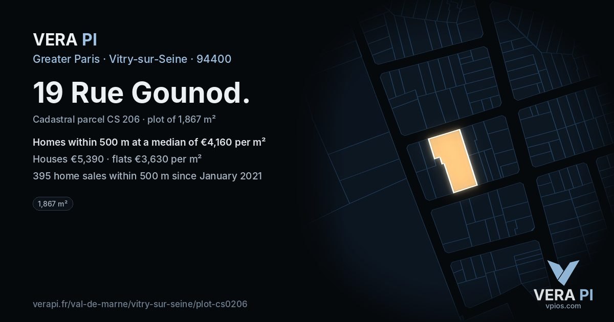 19 Rue Gounod, Vitry-sur-Seine at night – the plot lit, the parcels around coloured by the prices near them