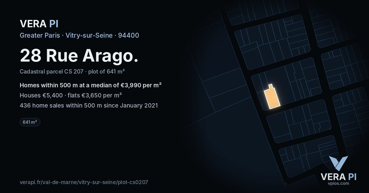 28 Rue Arago, Vitry-sur-Seine at night – the plot lit, the parcels around coloured by the prices near them