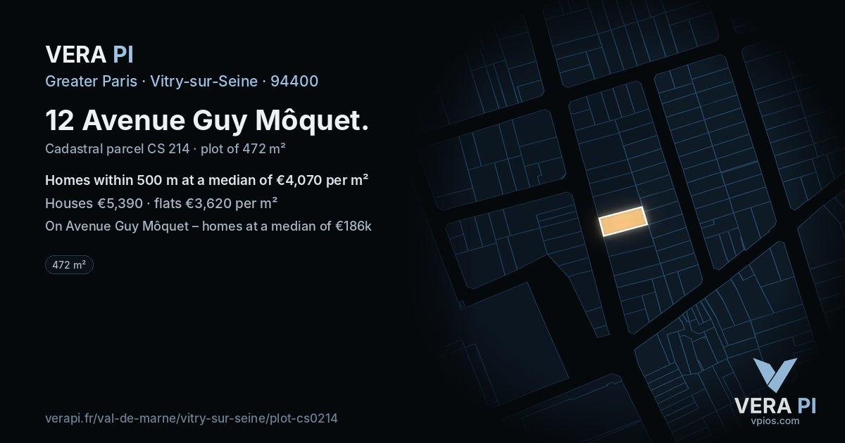 12 Avenue Guy Môquet, Vitry-sur-Seine at night – the plot lit, the parcels around coloured by the prices near them