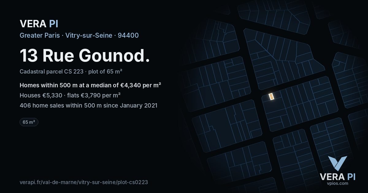 13 Rue Gounod, Vitry-sur-Seine at night – the plot lit, the parcels around coloured by the prices near them