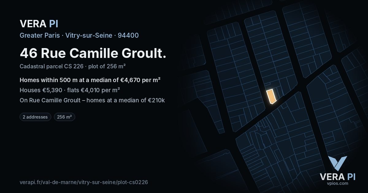 46 Rue Camille Groult, Vitry-sur-Seine at night – the plot lit, the parcels around coloured by the prices near them