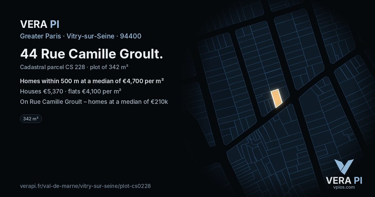 44 Rue Camille Groult, Vitry-sur-Seine at night – the plot lit, the parcels around coloured by the prices near them