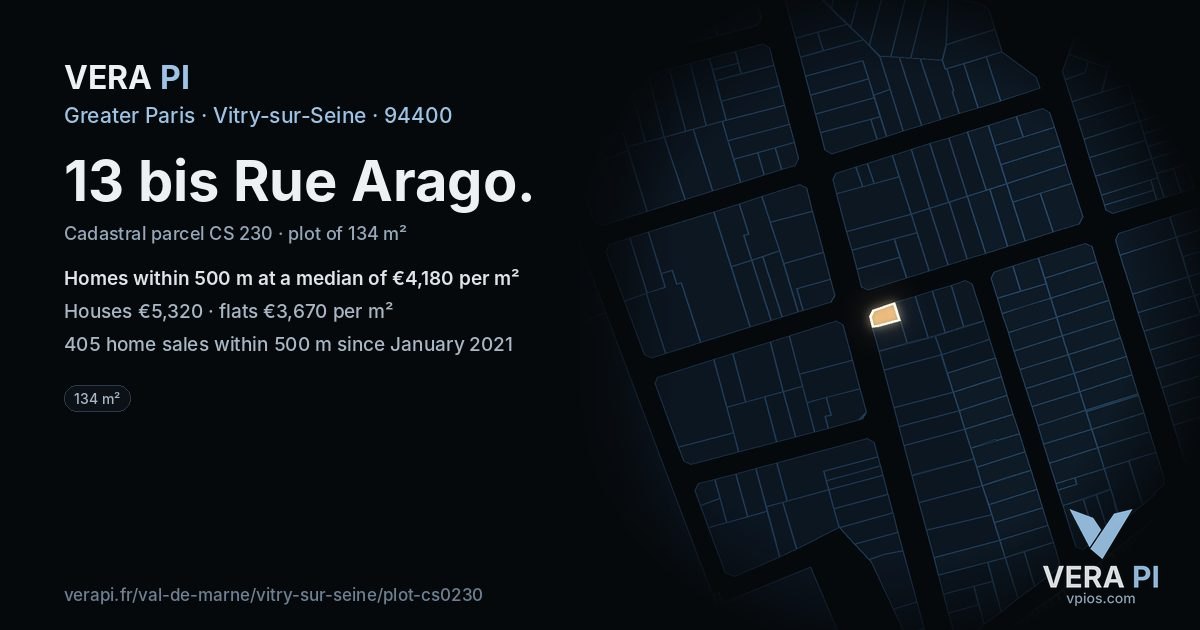 13 bis Rue Arago, Vitry-sur-Seine at night – the plot lit, the parcels around coloured by the prices near them