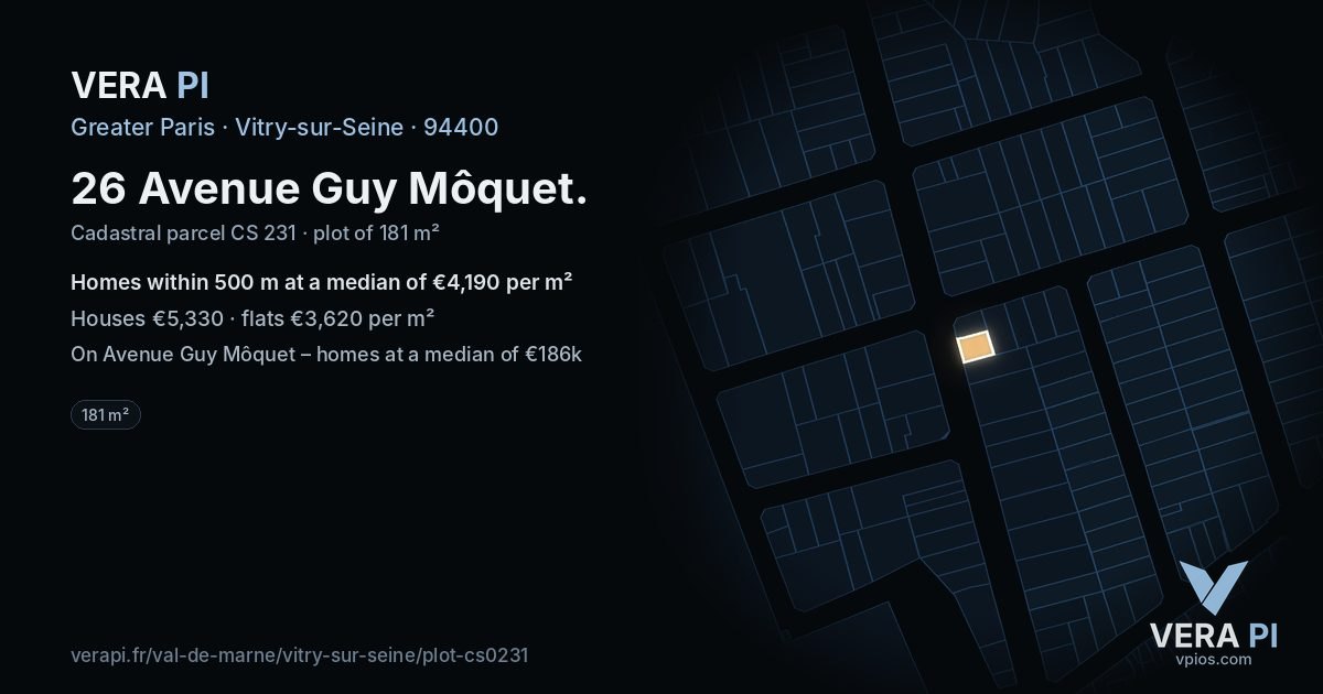 26 Avenue Guy Môquet, Vitry-sur-Seine at night – the plot lit, the parcels around coloured by the prices near them