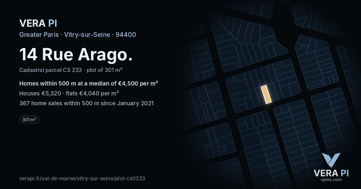 14 Rue Arago, Vitry-sur-Seine at night – the plot lit, the parcels around coloured by the prices near them