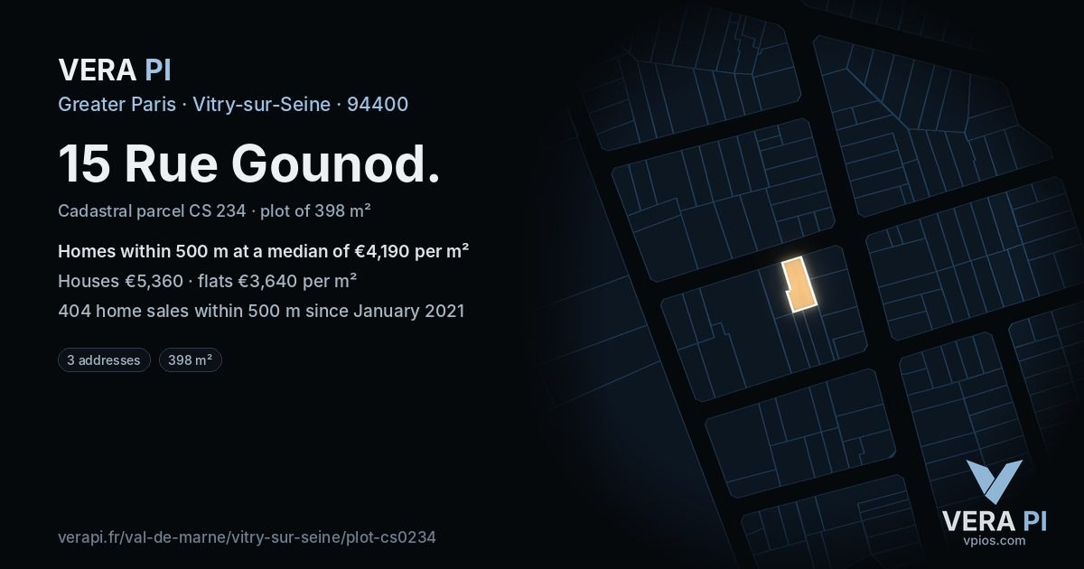 15 Rue Gounod, Vitry-sur-Seine at night – the plot lit, the parcels around coloured by the prices near them